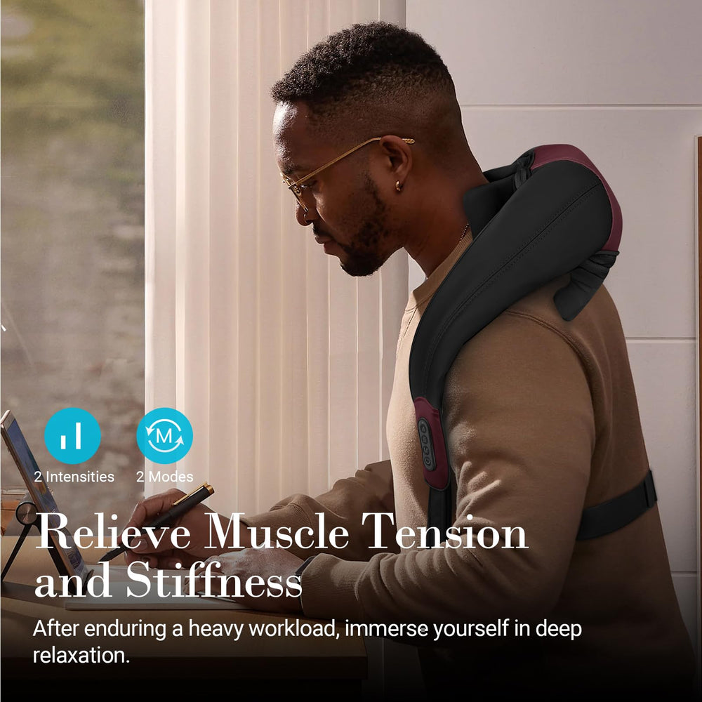 Six ergonomic nodes on CuPiLo massager target neck and shoulders.