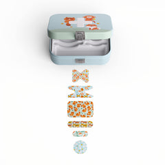 Cupkin wild animals bandages in a locked metal tin for quick, organized first aid.