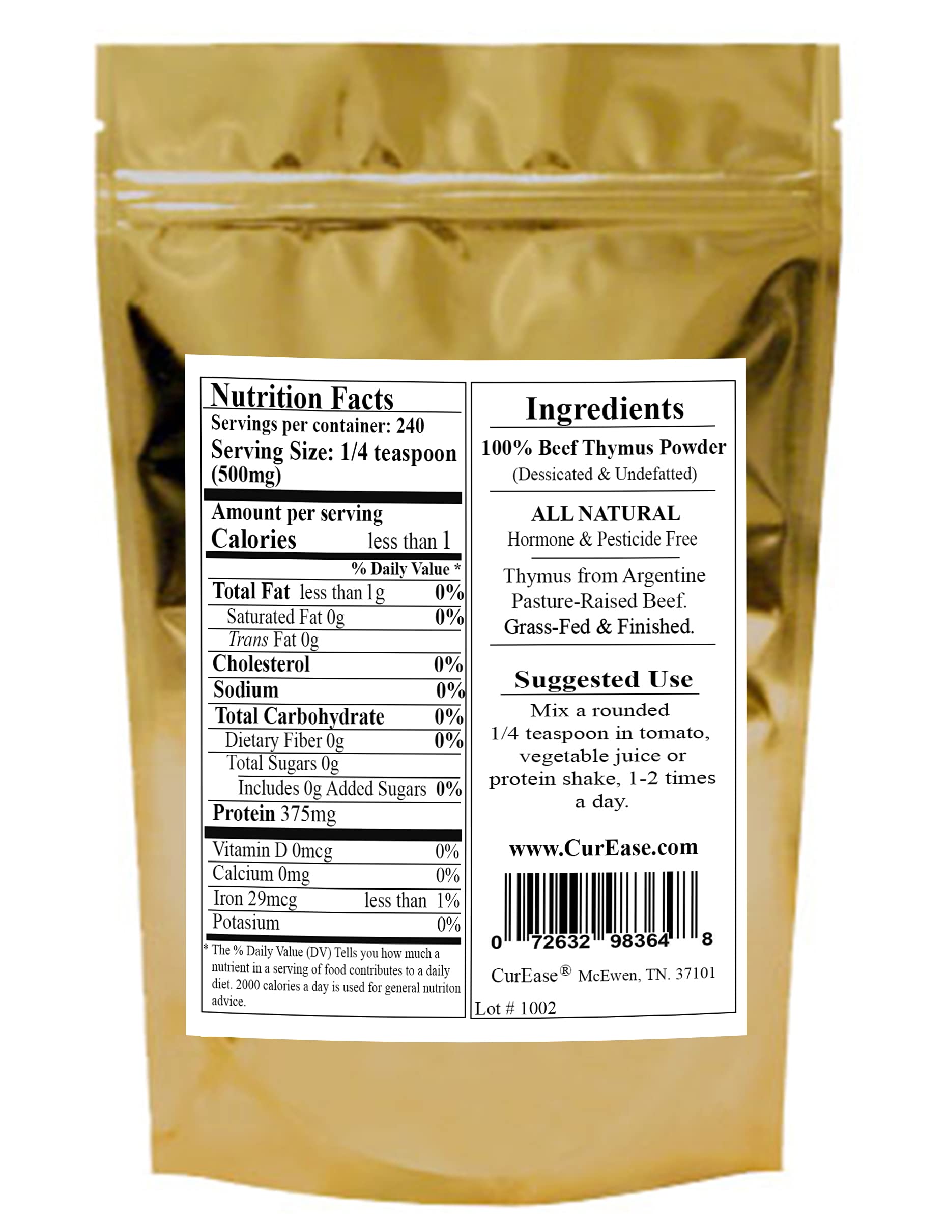 CurEase beef thymus powder packaging highlights organic Argentine origin