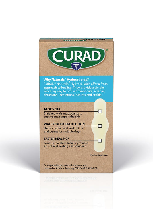 CURAD Naturals Aloe Vera hydrocolloid bandage applied on a minor wound for soothing care.