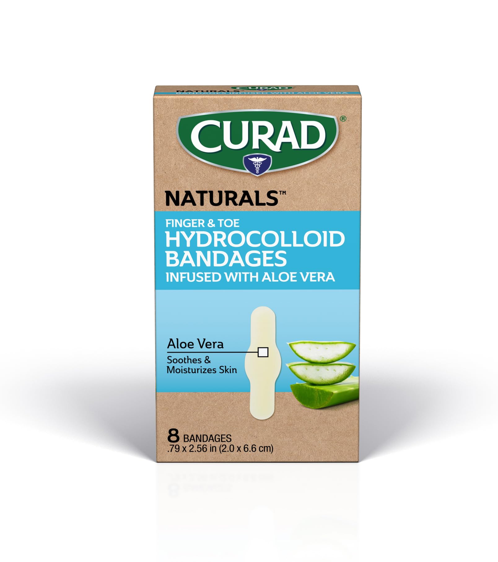 CURAD Naturals Aloe Vera hydrocolloid bandages in packaging, ready for minor injuries.
