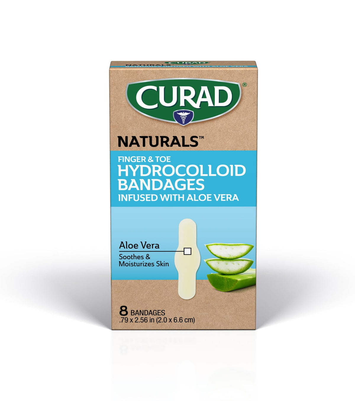 CURAD Naturals Aloe Vera hydrocolloid bandages in packaging, ready for minor injuries.