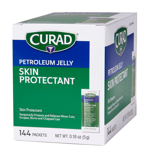 Curad petroleum jelly foil packet moisturizes dry skin on the go.
