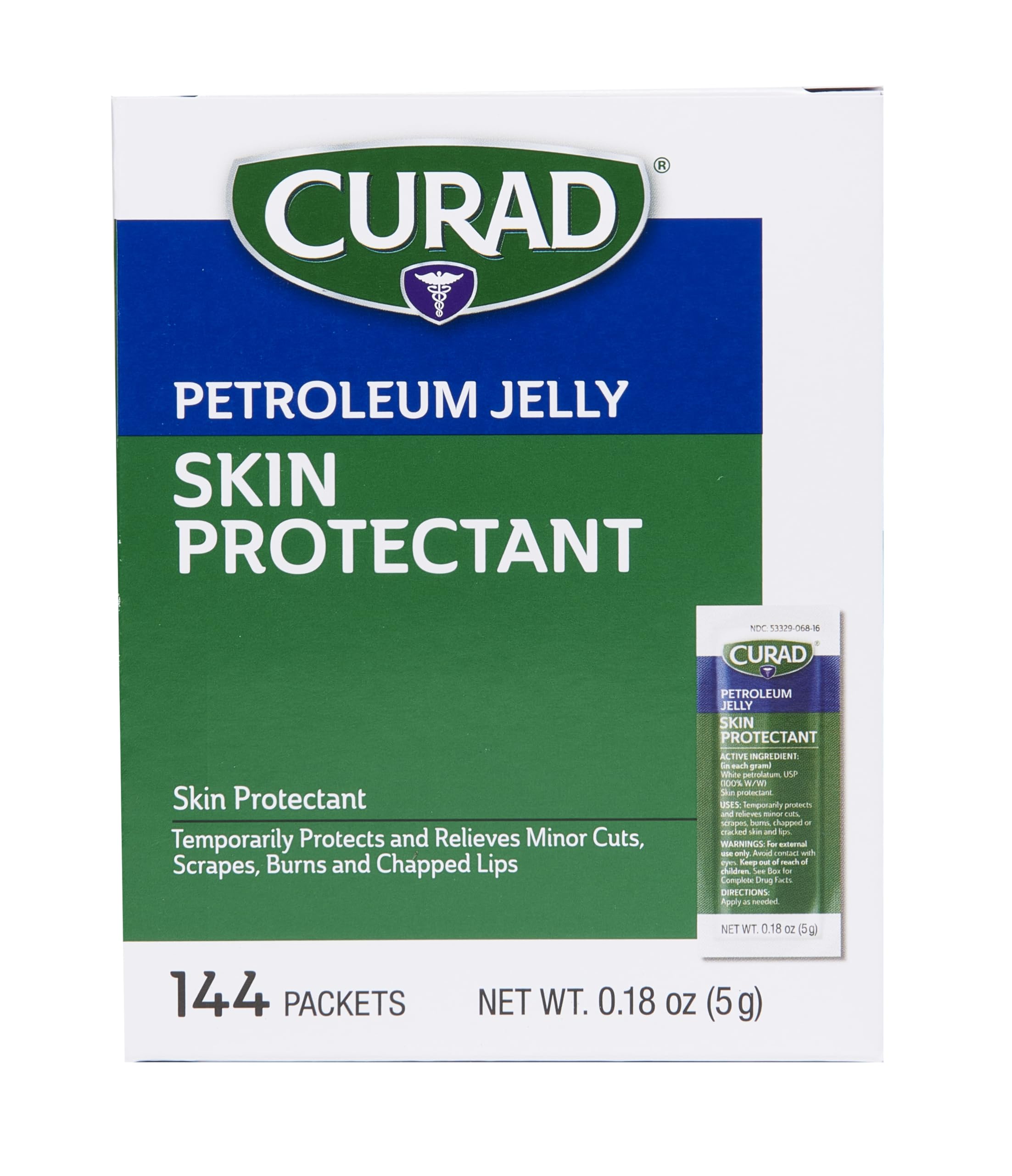 Curad petroleum jelly foil packet provides on-the-go moisture for dry skin.