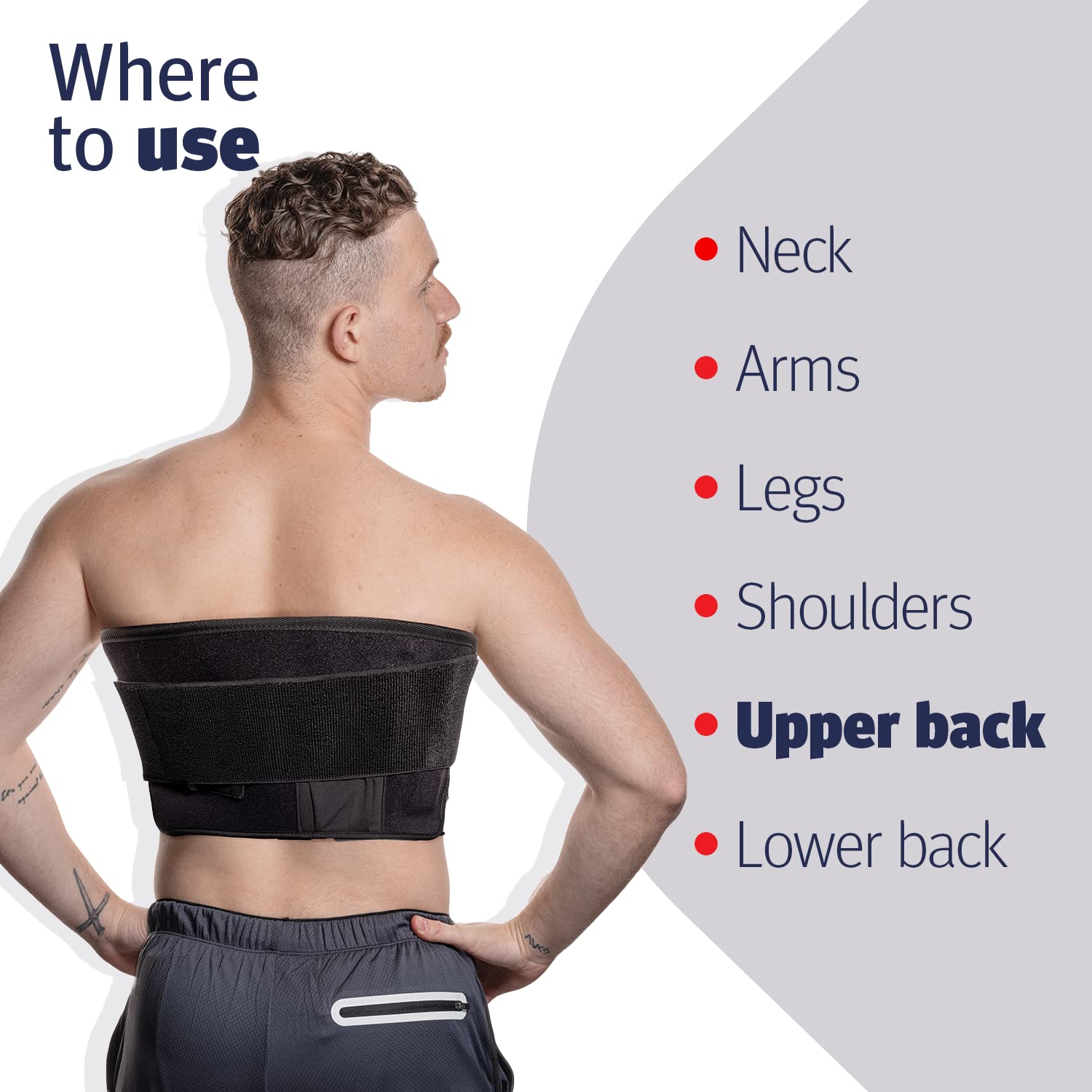 CURALIGHT belt worn around neck shows flexible coverage for shoulder and neck relief