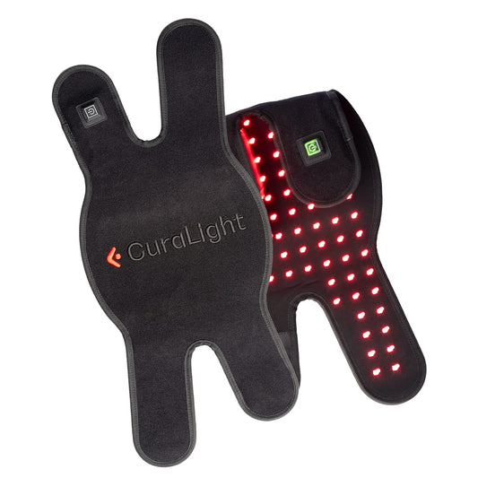 Curalight knee pain wrap front view for targeted red light therapy.
