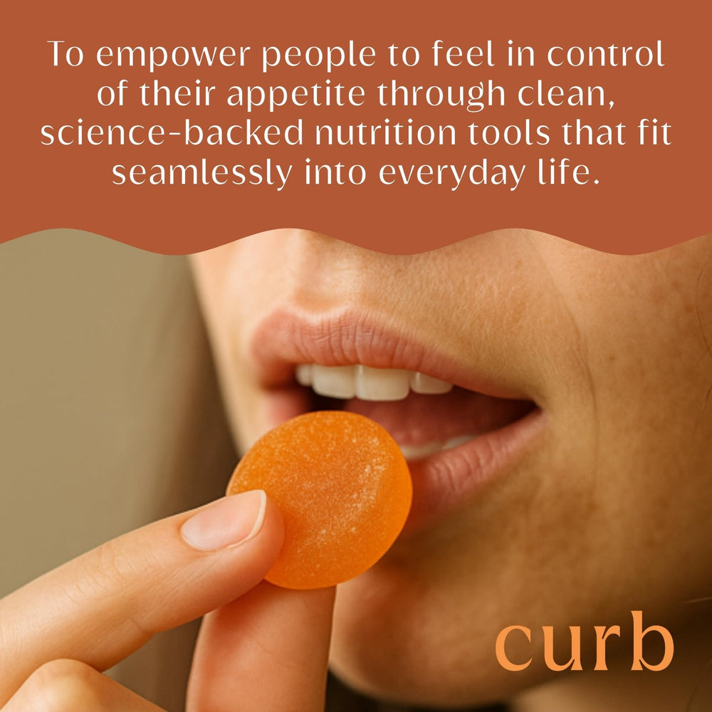 curb APPETITE single gummy in hand, a simple daily habit for satiety.