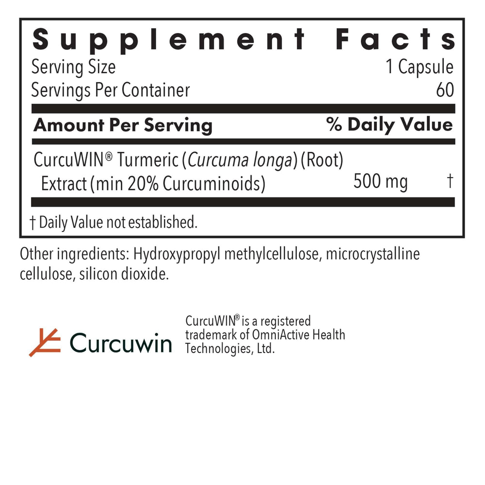 CurcuWIN 500 capsules front view highlighting convenient vegetarian capsule format.