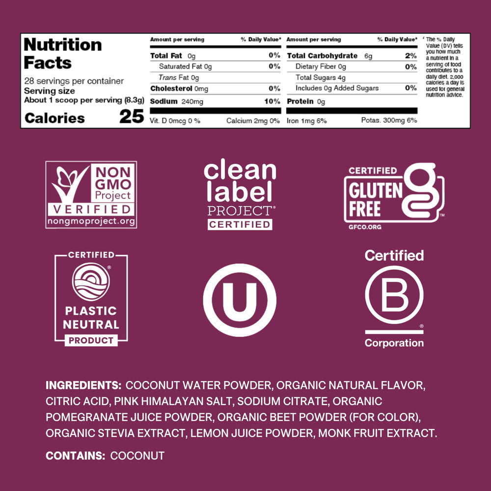 Cure Hydration Berry Pomegranate powder dissolving in water for quick hydration.