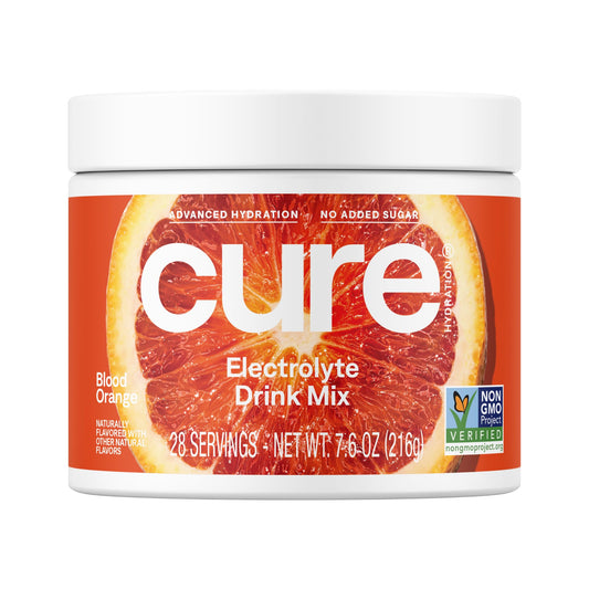 Cure Hydration Blood Orange tub label highlights plant-based electrolytes for everyday hydration.