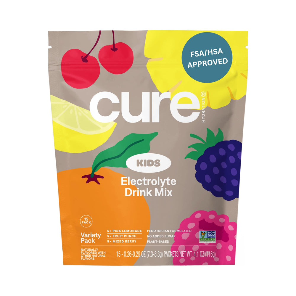 Cure Hydration Kids electrolyte packets variety pack for daily hydration on the go.