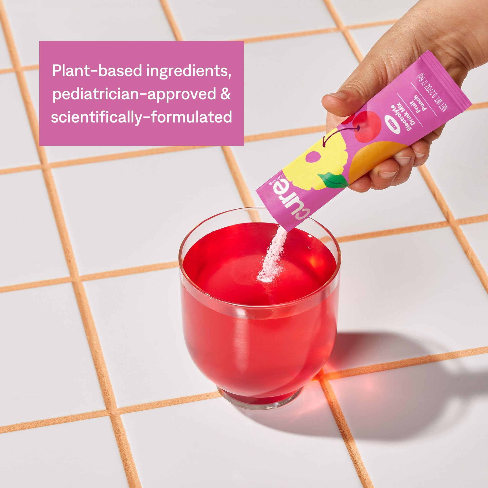 Cure Hydration Kids plant-based ingredients featuring coconut water and fruits.
