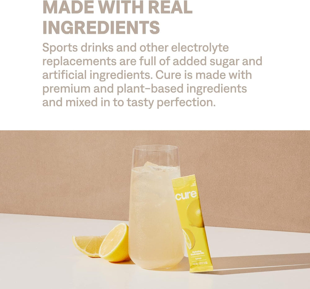 Cure Hydration Lemonade on-the-go bottle ideal for travel hydration