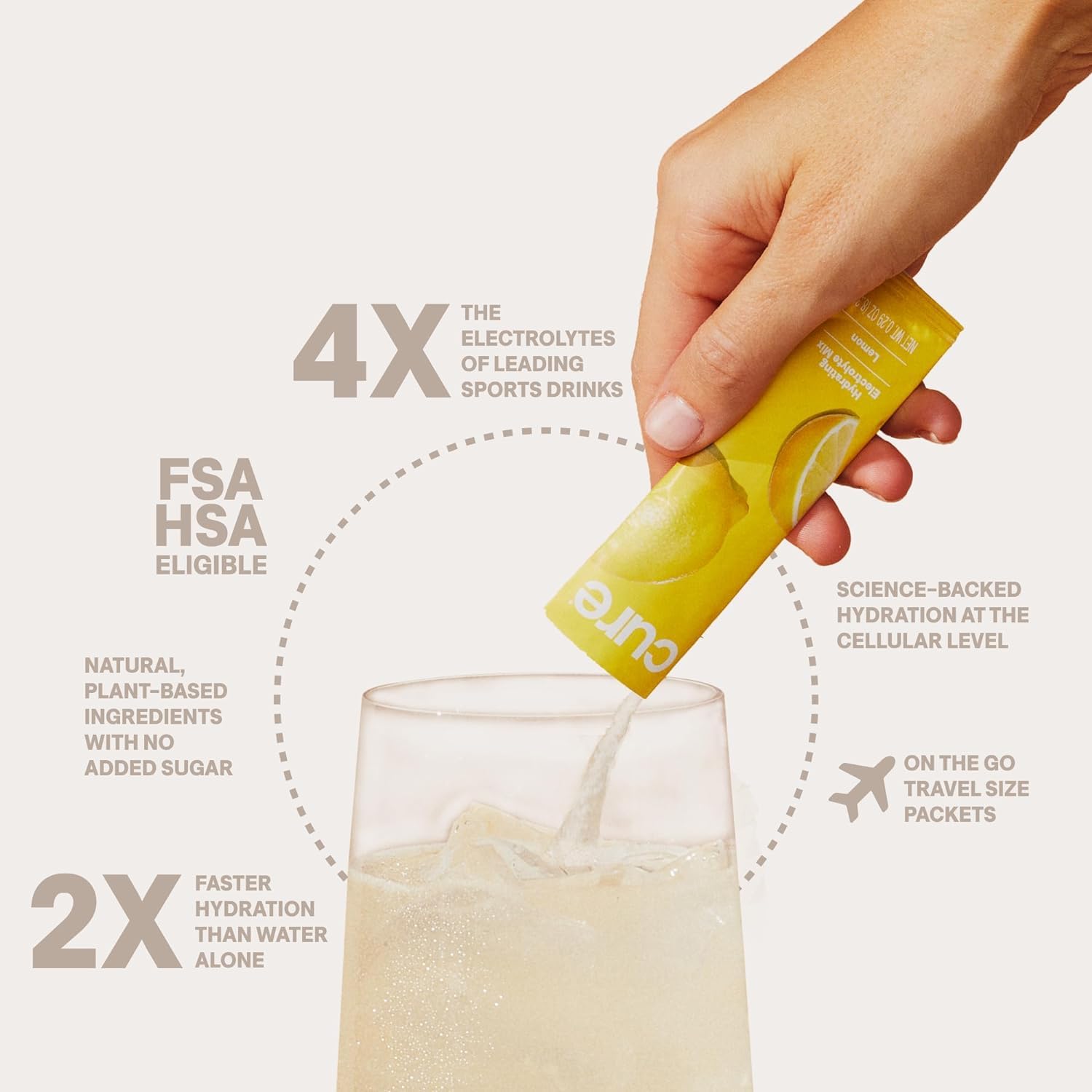 Cure Hydration Lemonade being poured into glass for refreshing hydration moment
