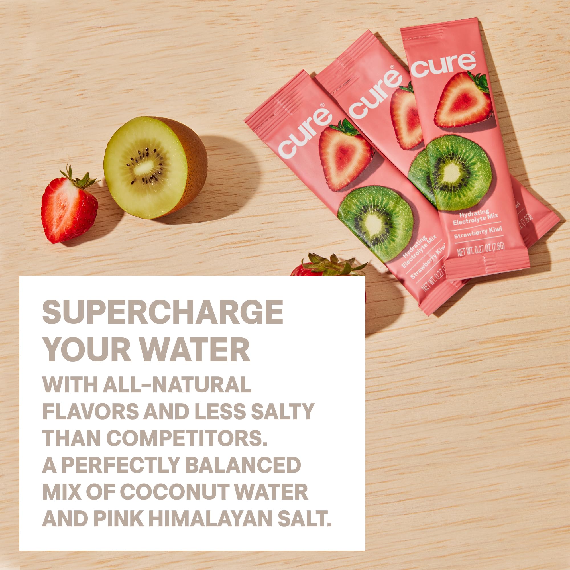 Cure Hydration no-added-sugar label highlights clean ingredients and dietary friendliness.