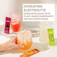 Cure Hydration package with no added sugar label visible