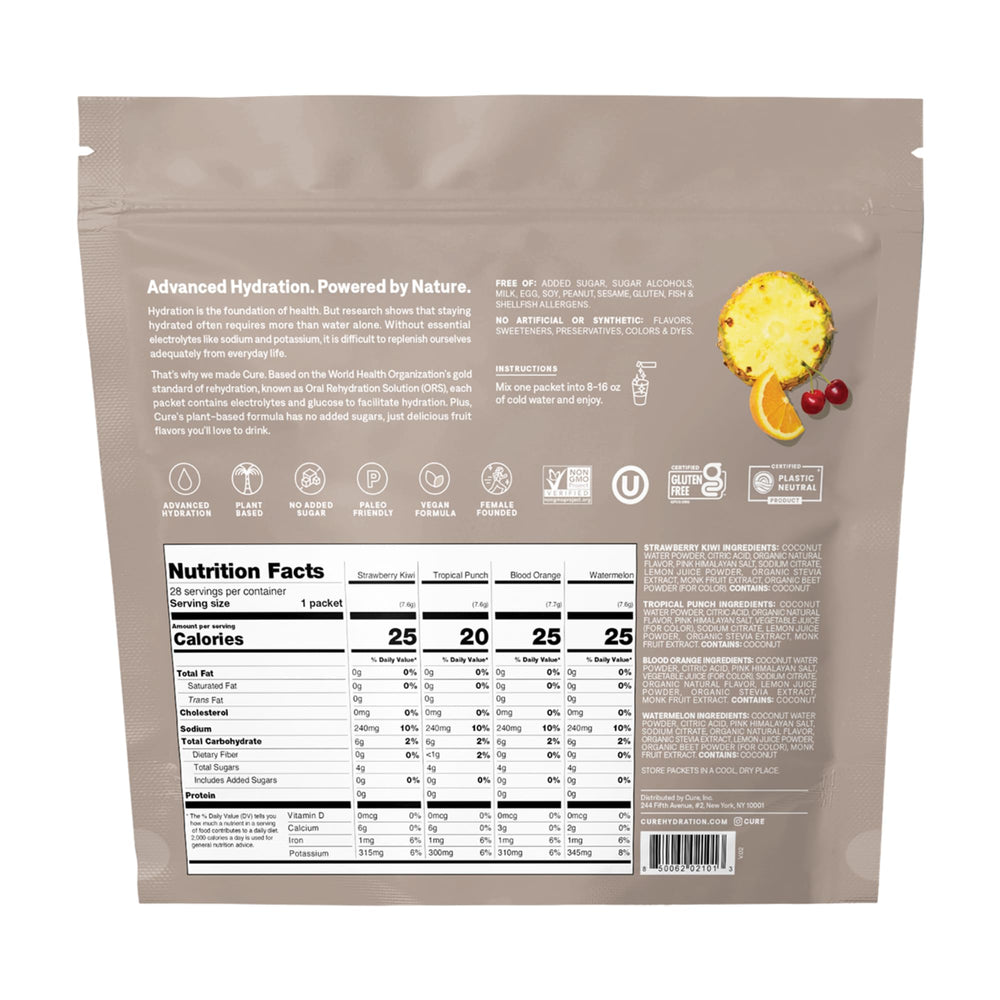 Cure Hydration packet close-up showing convenient single-serving sachets