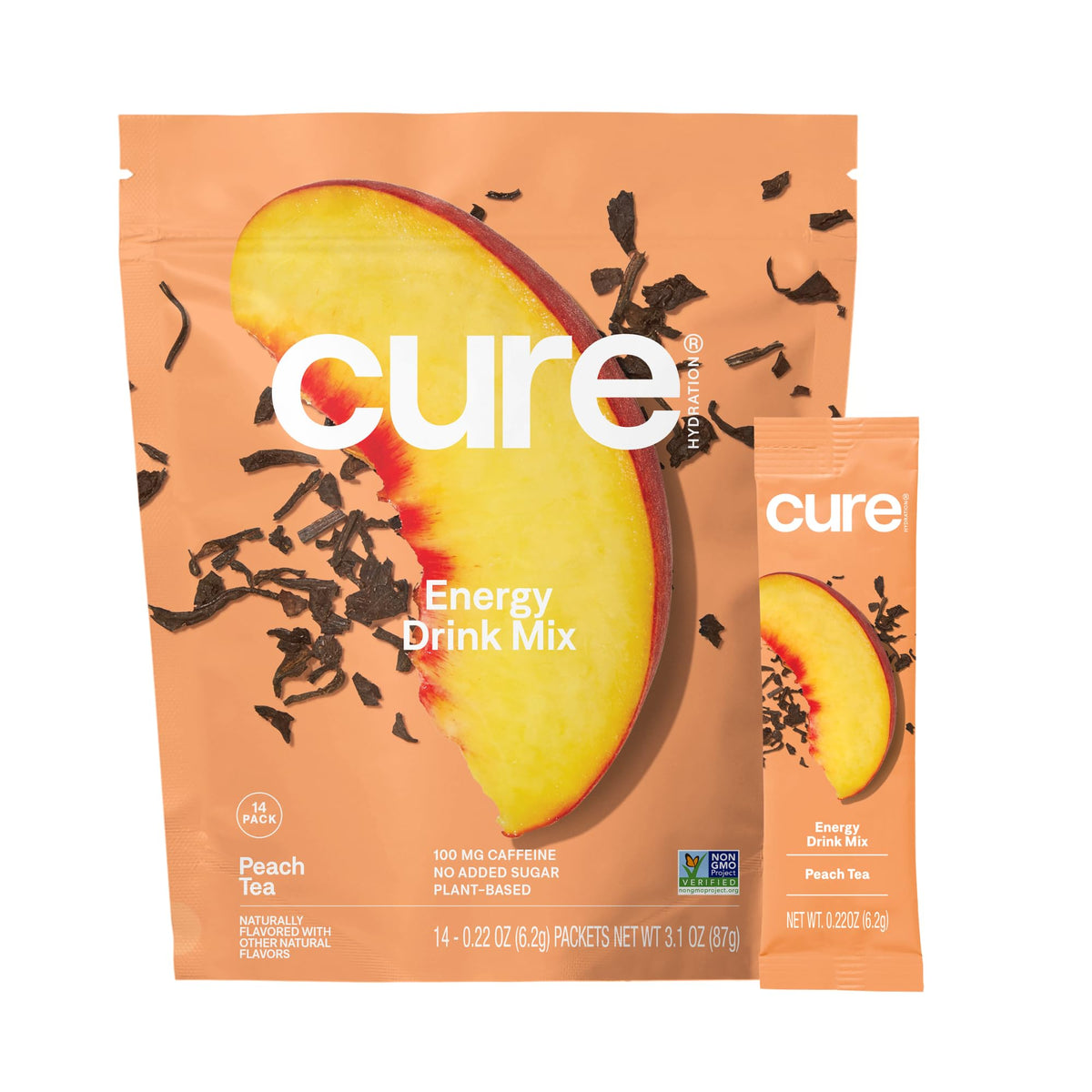 Cure Hydration Performance peach bottle shows plant-based electrolyte mix for on-the-go energy