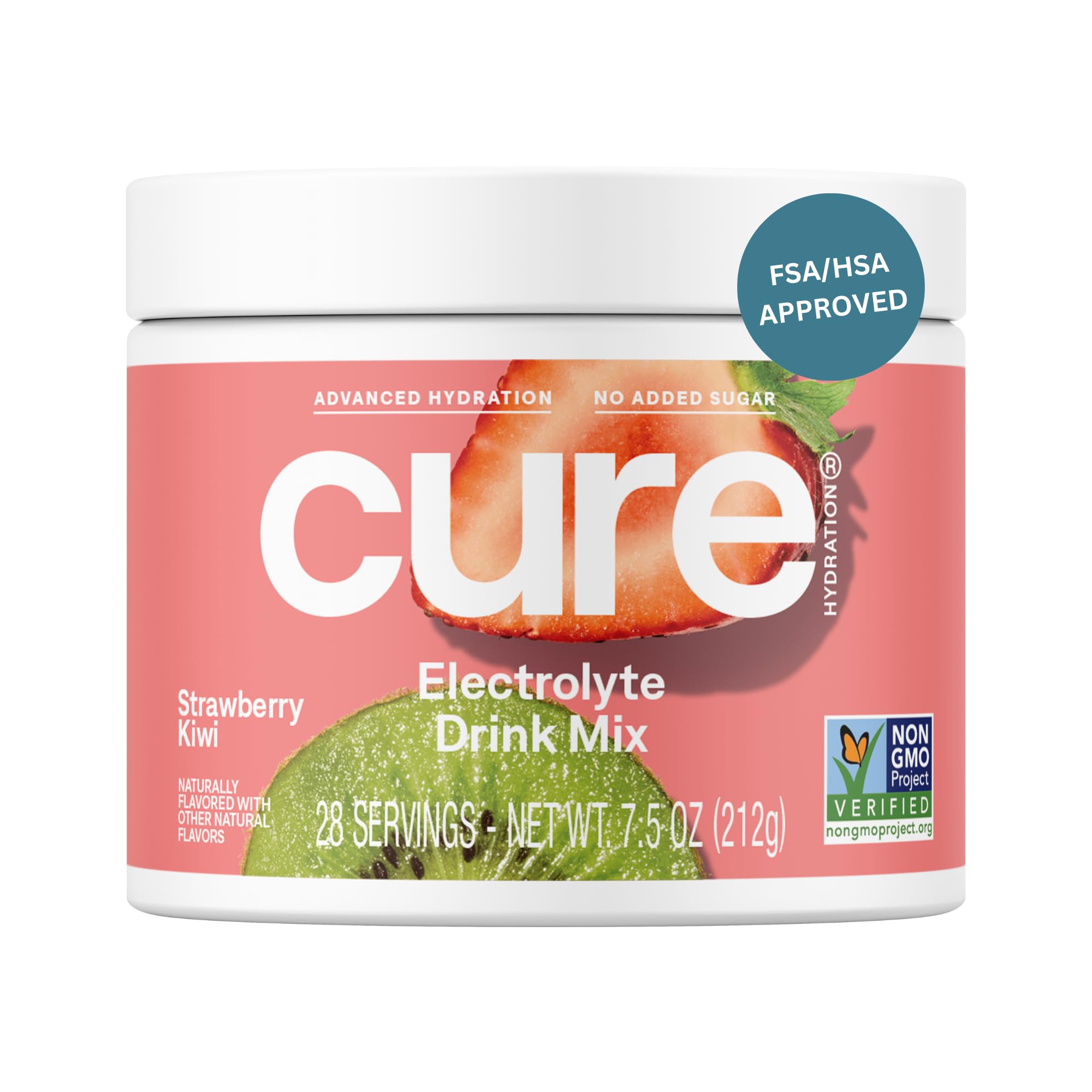 Cure Hydration strawberry-kiwi jar showing flavor and serving size for daily hydration.