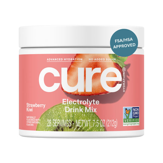 Cure Hydration strawberry-kiwi jar showing flavor and serving size for daily hydration.
