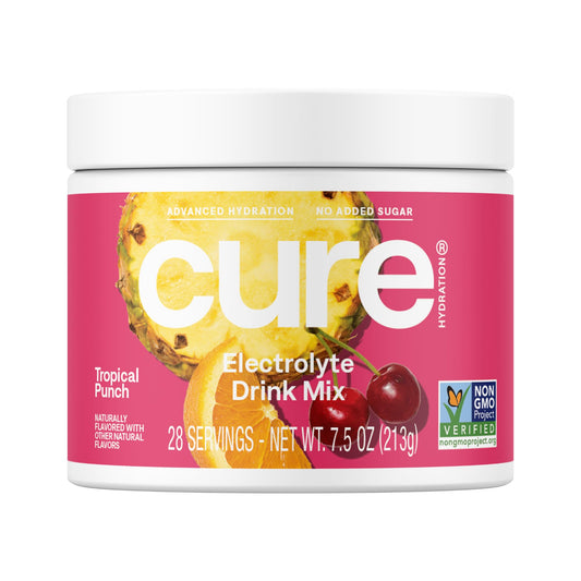 Cure Hydration Tropical Punch jar front showcasing natural ingredients and vegan formula for hydration.