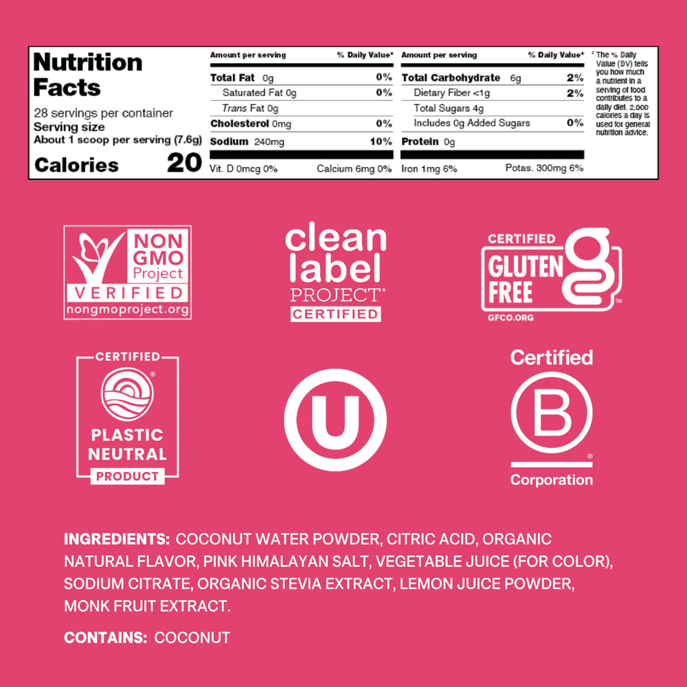 Cure Hydration Tropical Punch jar nutrition panel highlighting electrolytes and zero added sugar.