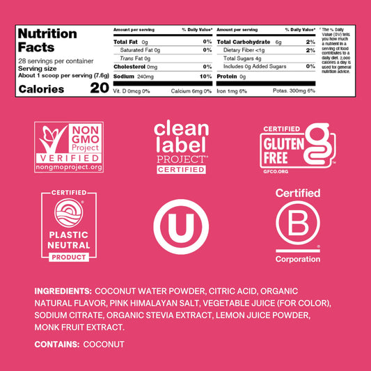 Cure Hydration Tropical Punch jar nutrition panel highlighting electrolytes and zero added sugar.