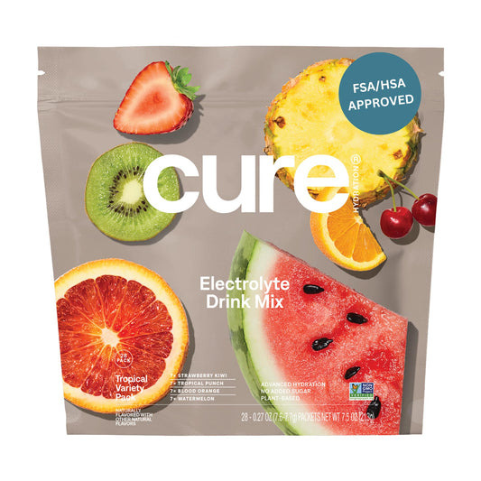 Cure Hydration tropical variety pack ready for on-the-go hydration after workouts