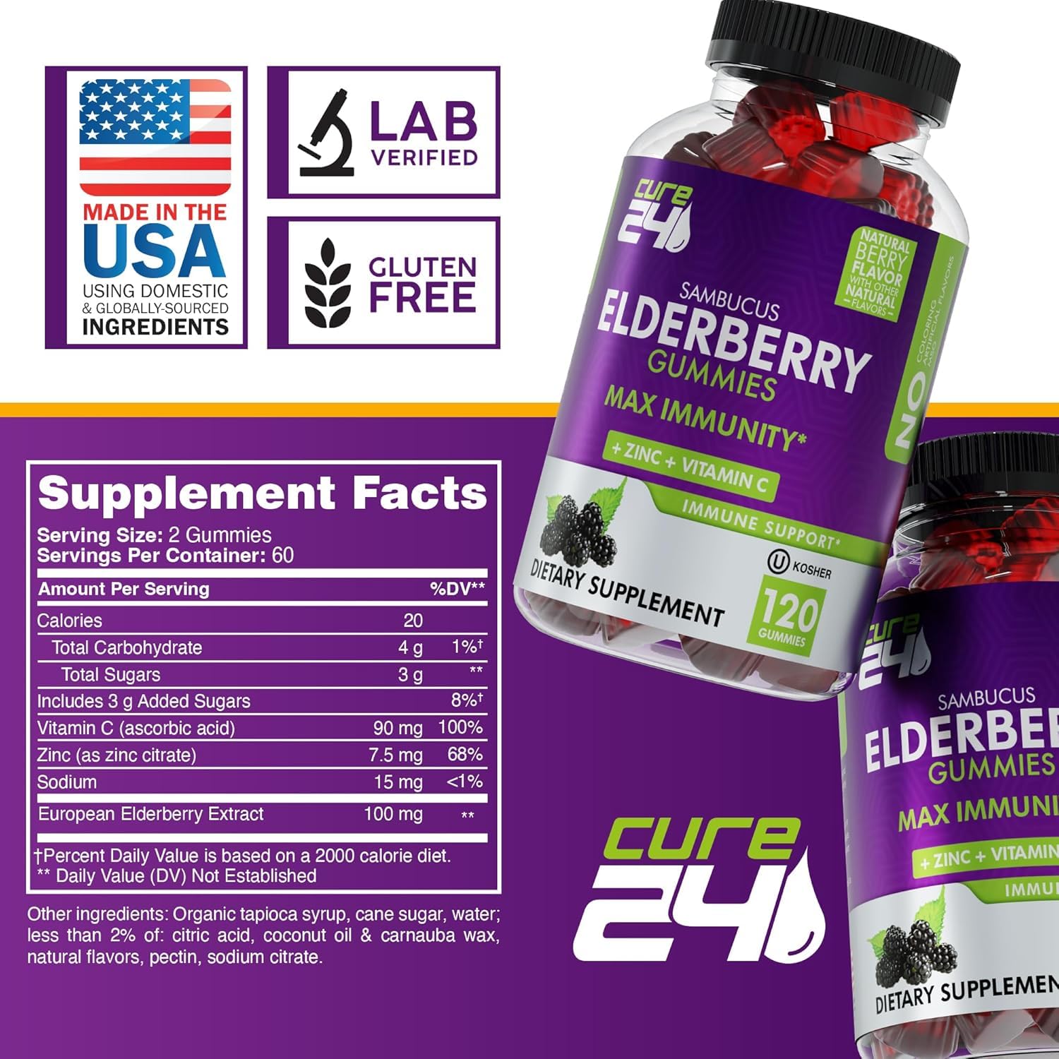 Cure24 Sambucus Gummies ingredients label featuring elderberry and vitamins