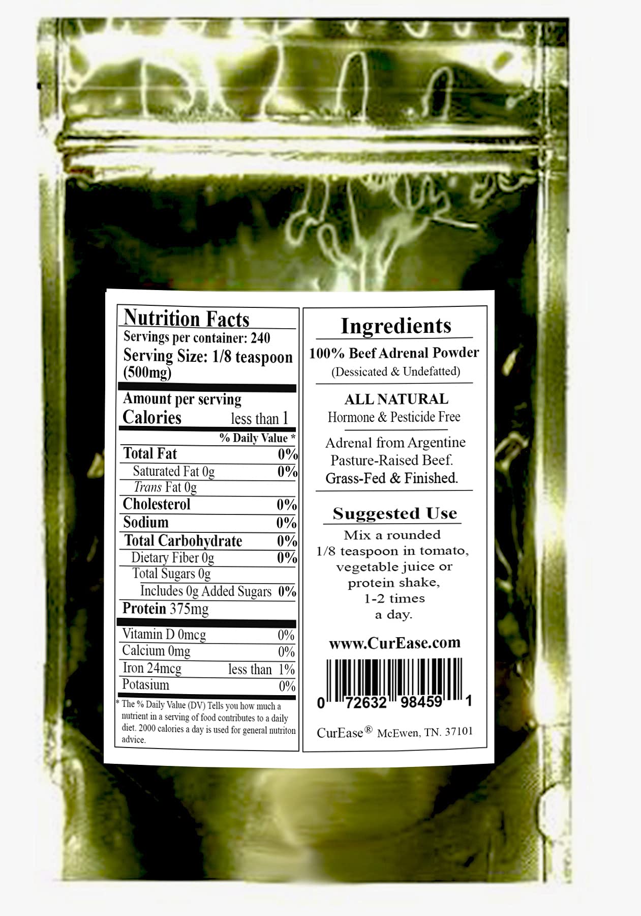 CurEase Beef Adrenal powder label closeup highlighting grass-fed origin and quality.