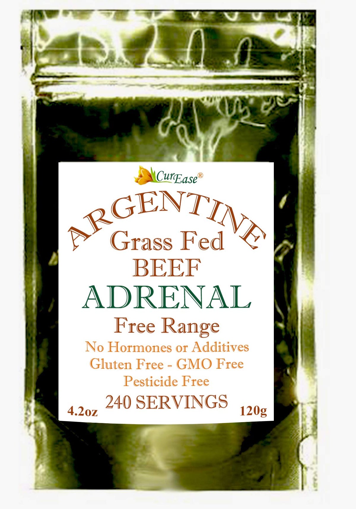 CurEase Argentine Beef Adrenal powder pouch showing convenient packaging for daily use.