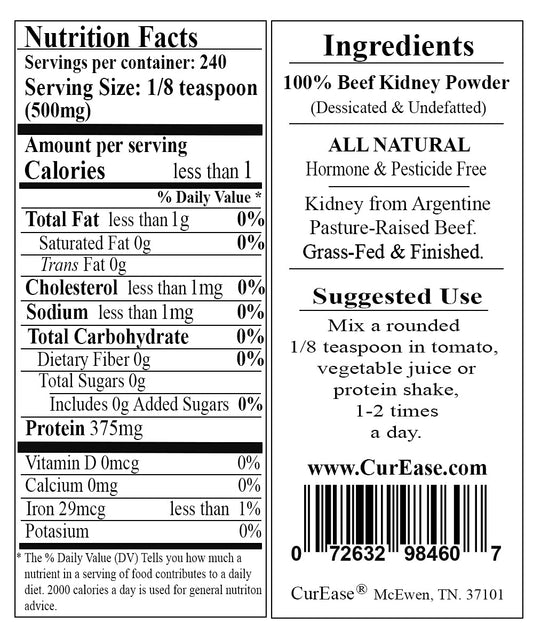 CurEase Beef Kidney powder in desiccated form preserves nutrients for energy.