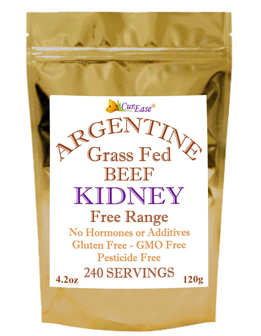 CurEase Argentine Beef Kidney Powder package highlights grass-fed nutrition for daily vitality.