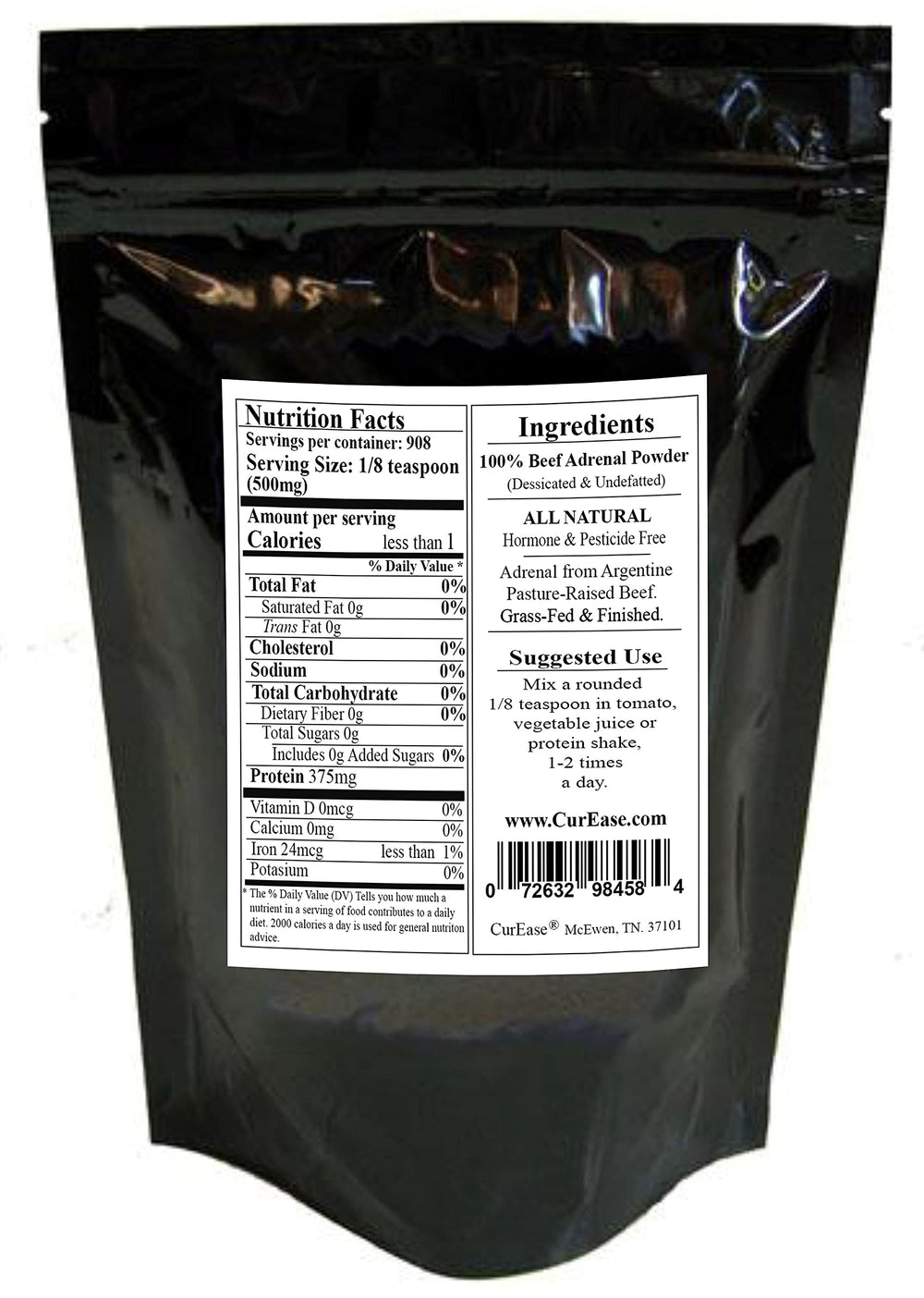 CurEase Beef Adrenal Powder spoon beside jar for convenient dosing