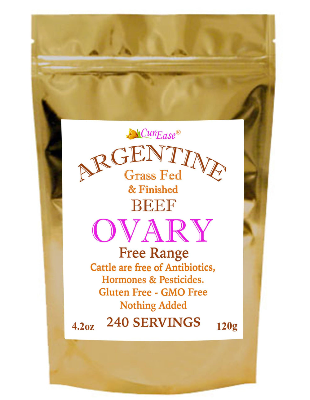 CurEase Beef Ovary Powder in a resealable pouch, ideal for daily supplement routines.