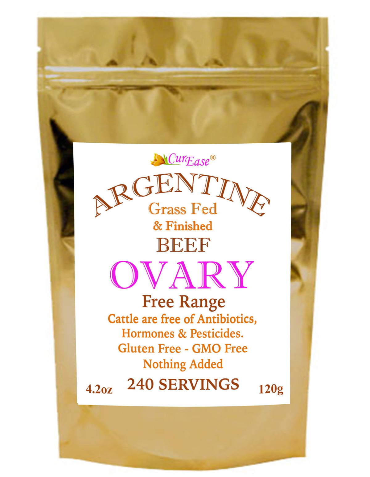 CurEase Beef Ovary Powder in a resealable pouch, ideal for daily supplement routines.