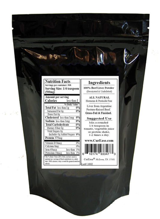 CurEase desiccated beef liver powder texture close-up highlighting rich color and preserved vitamins.