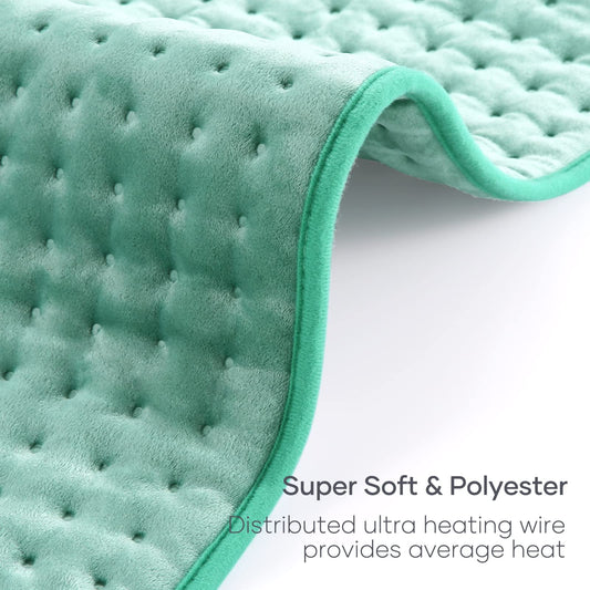 CURECURE large heating pad shown wrapping around the torso for full midsection relief.