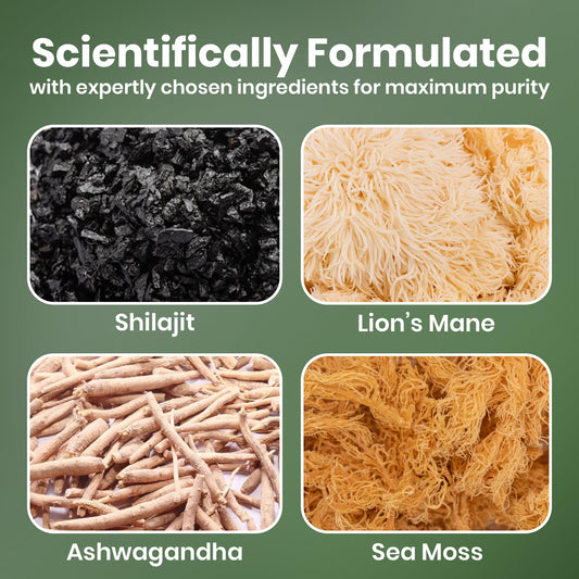 Cured 4-in-1 vitality gummies with ashwagandha and KSM-66 support calm motivation.
