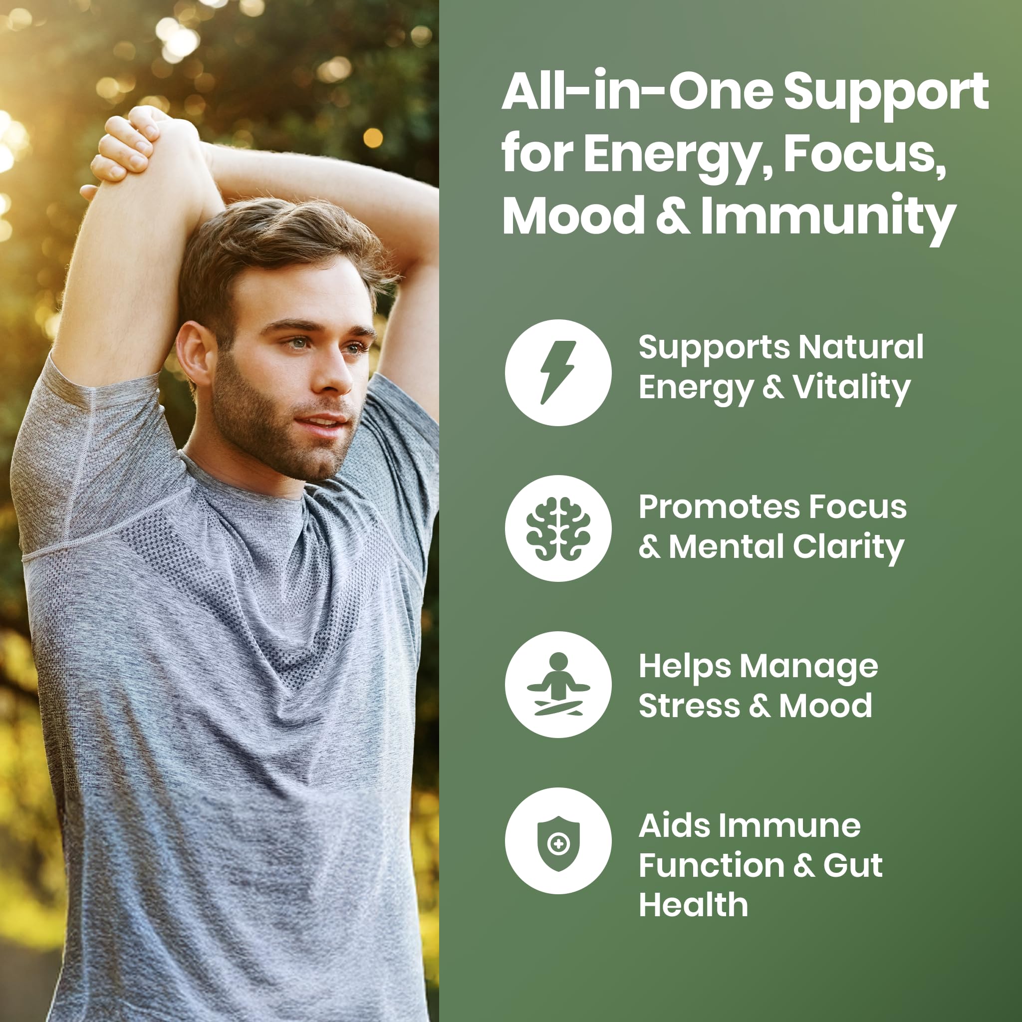 Cured 4-in-1 vitality gummies made in the USA for quality assurance.