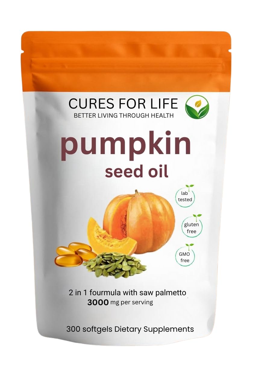 Cures For Life pumpkin seed oil bottle with saw palmetto for daily urinary and prostate support.