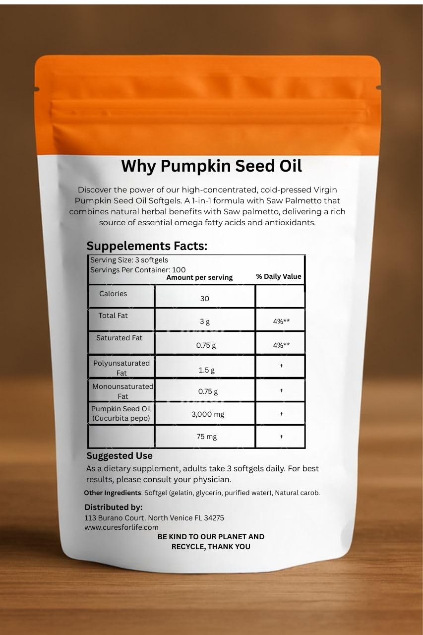 Cures For Life pumpkin seed oil softgels closeup highlighting easy-to-swallow daily capsules.