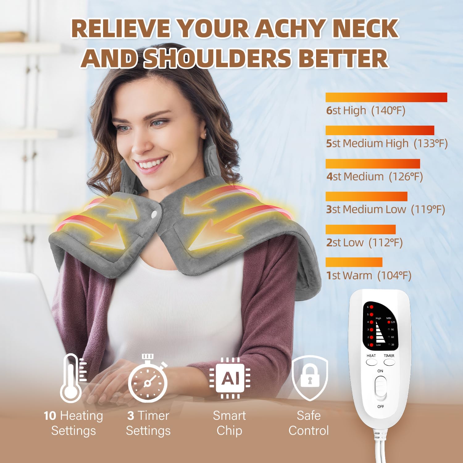 Curety heating pad features a long 66-inch cord for versatile use