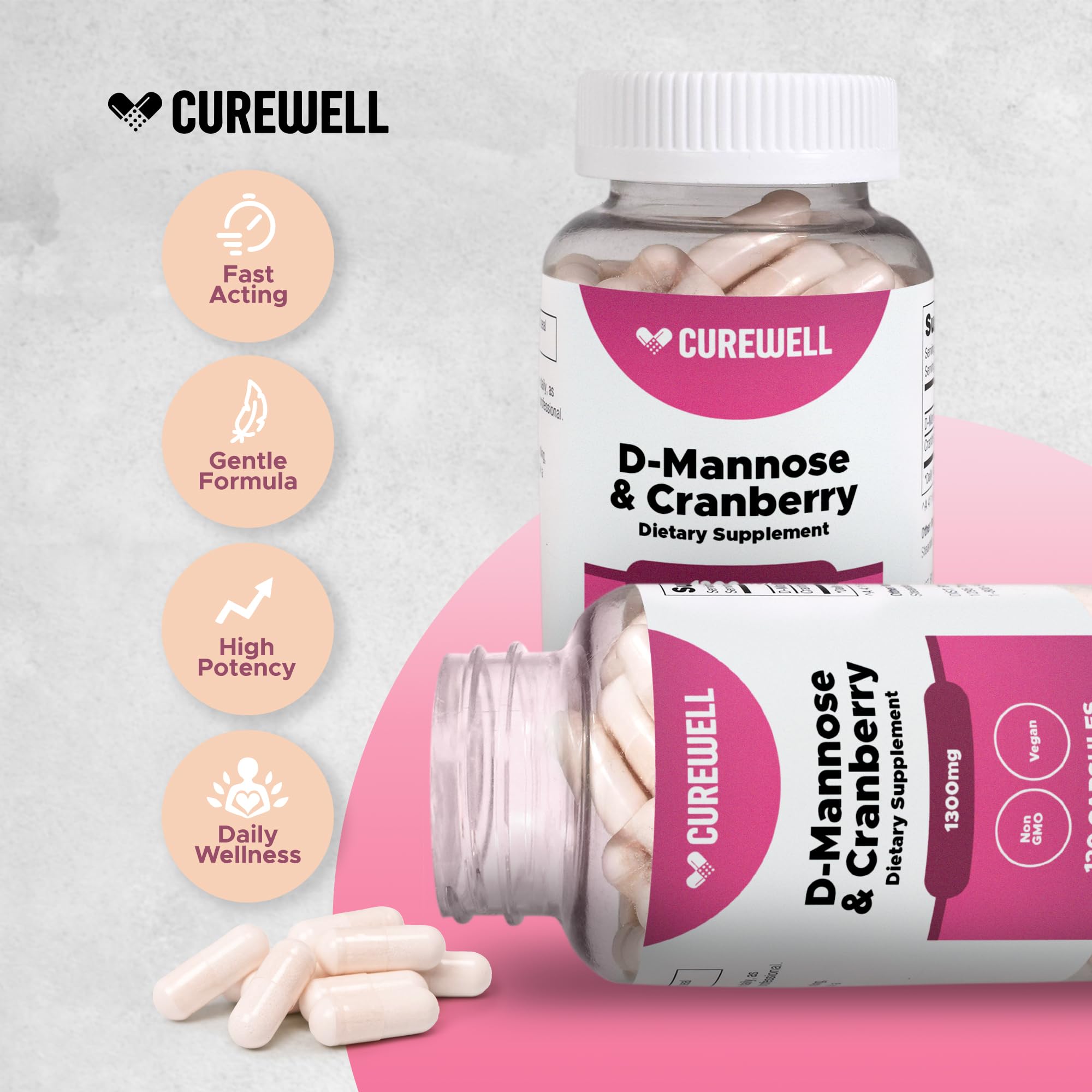 CUREWELL bottle label close-up highlighting vegan, non-GMO formula