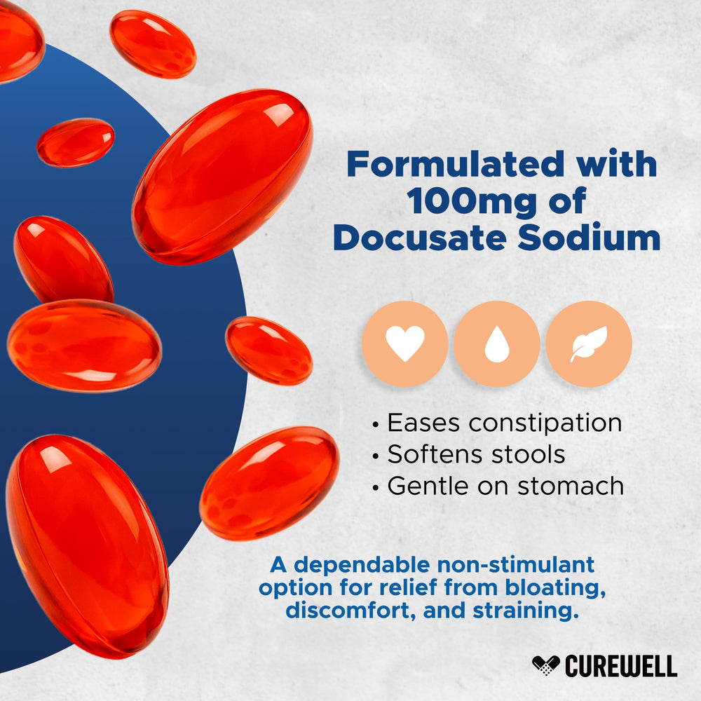CUREWELL Docusate Sodium softgels close-up showing tasteless, easy-to-swallow capsules.