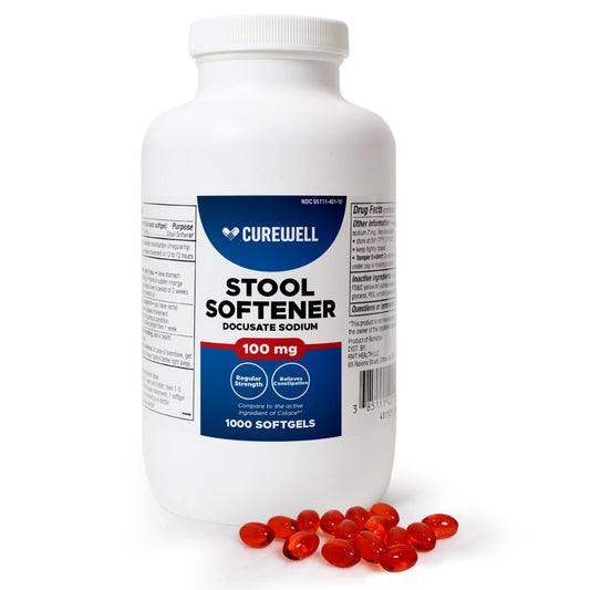 CUREWELL Stool Softener bottle front view with 100mg softgels for gentle relief.