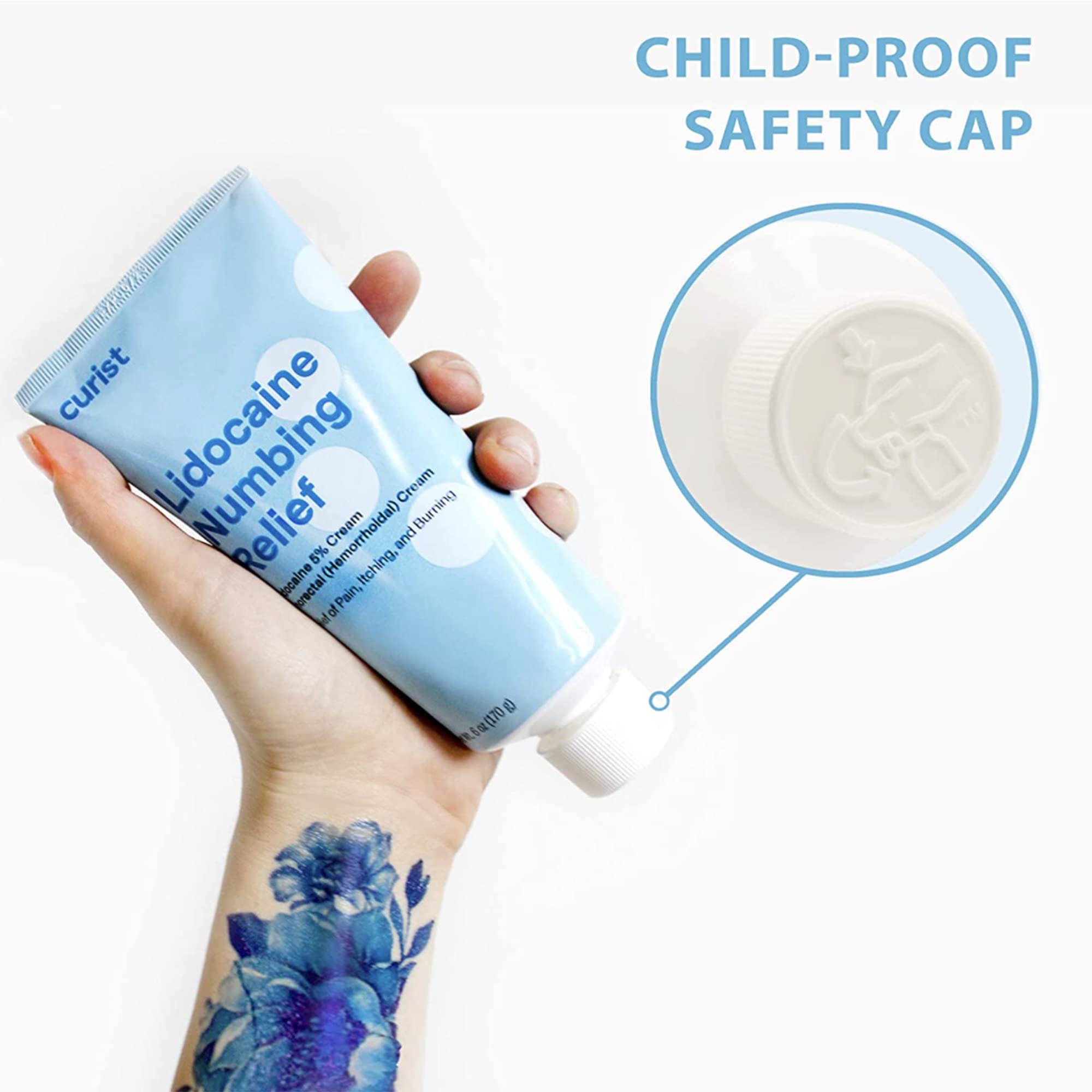 Curist 5% Lidocaine Cream 6oz tube angled view showing product form.