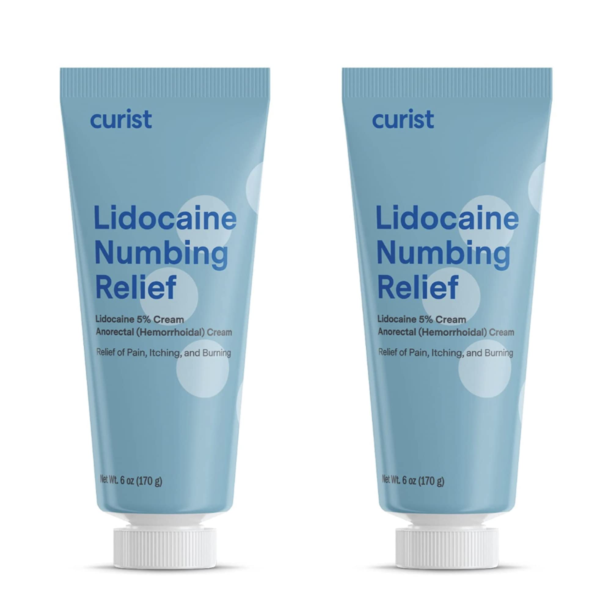 Curist 5% Lidocaine Cream 6oz tube exterior view for fast topical numbing relief.