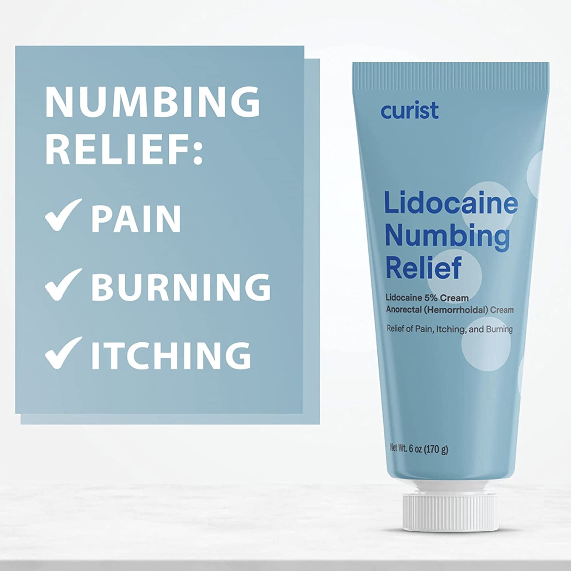 Curist 5% Lidocaine Cream 6oz tube label detail highlights potency and usage notes.