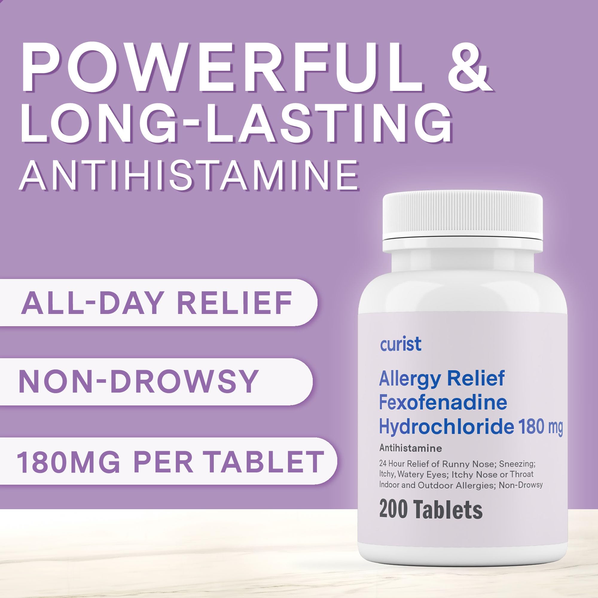 Curist Fexofenadine 180mg bottle with glass of water ready for daily use.